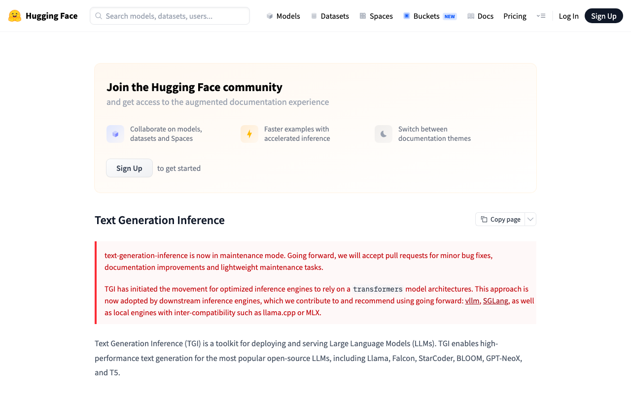 Hugging Face TGI homepage