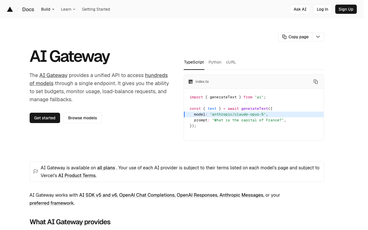 Vercel AI Gateway homepage