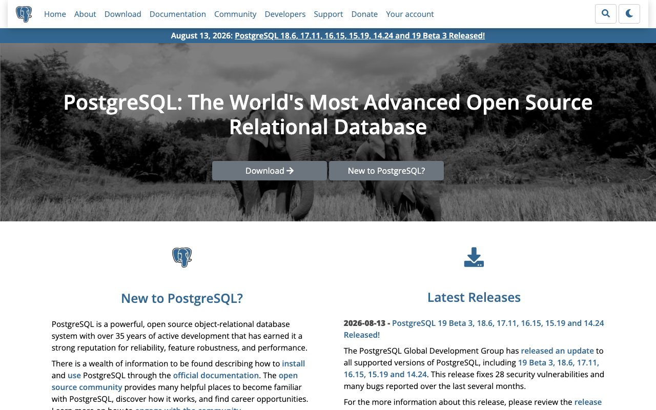 PostgreSQL homepage