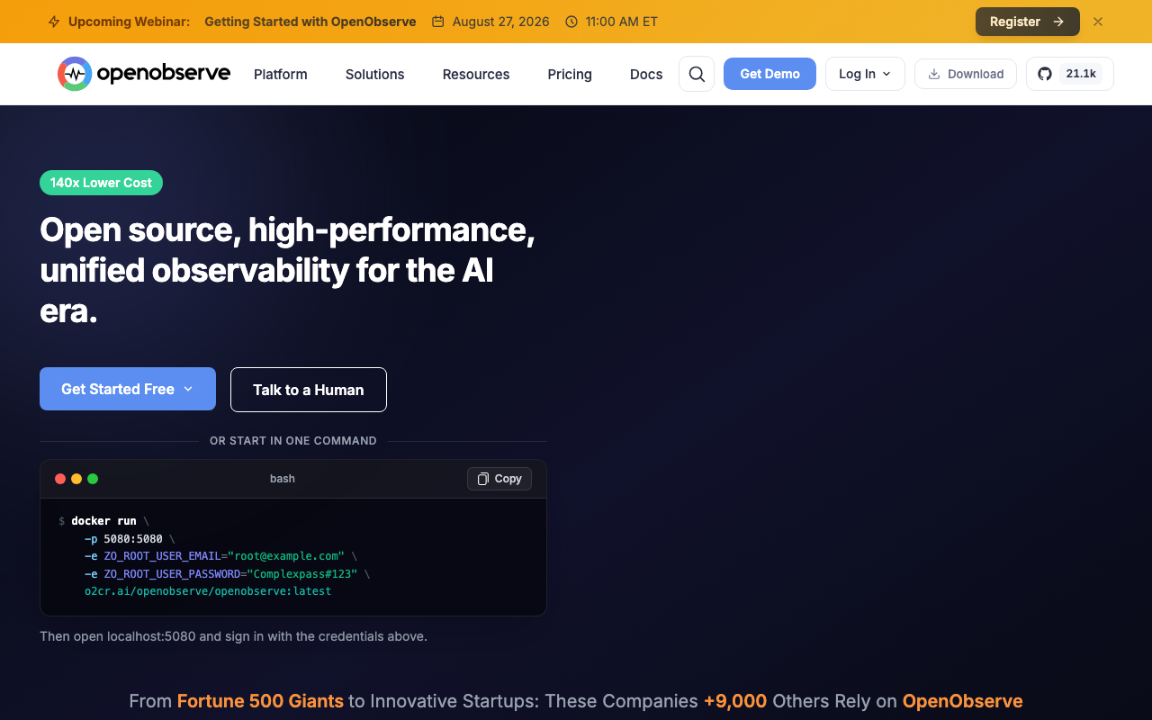 OpenObserve homepage