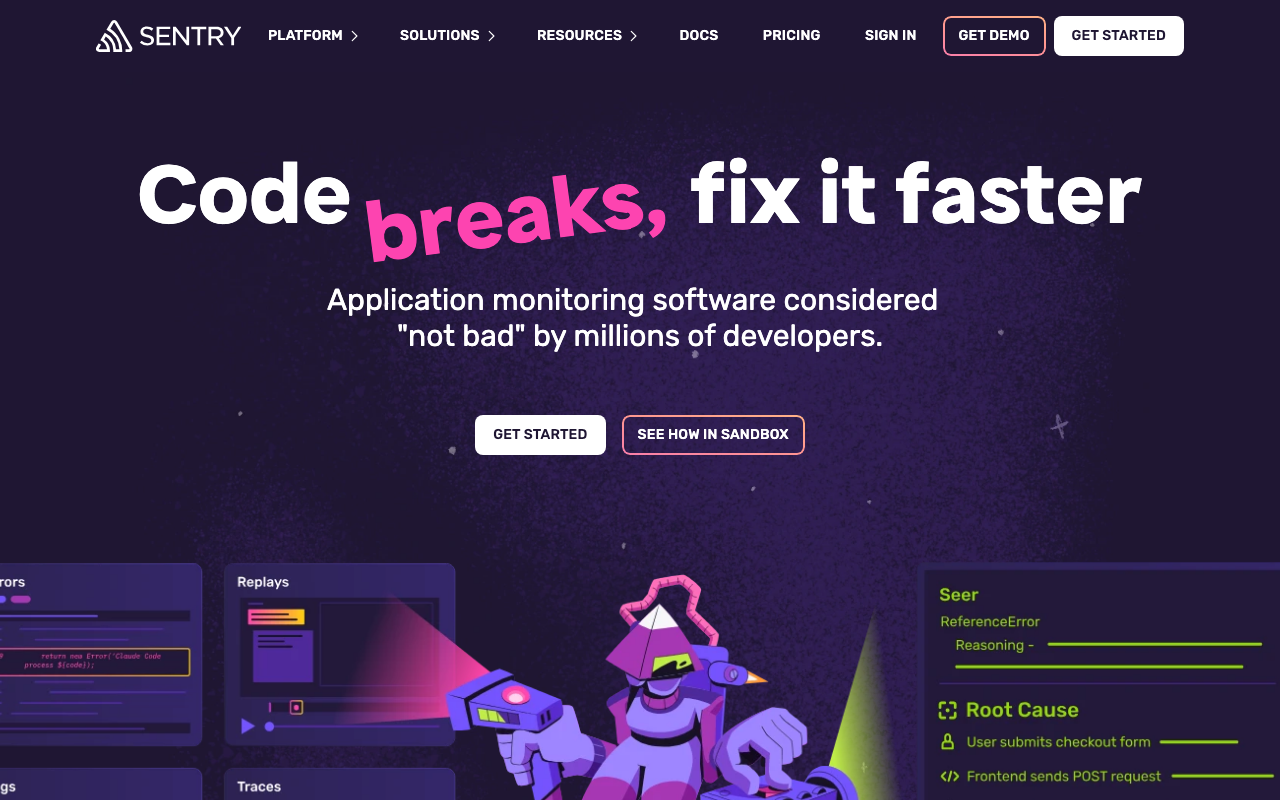 Sentry homepage