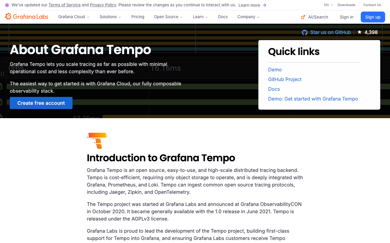 Grafana Tempo homepage