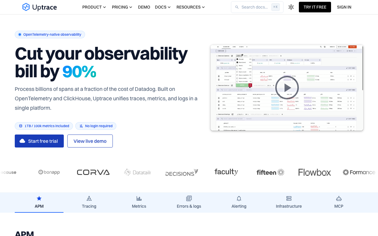Uptrace homepage