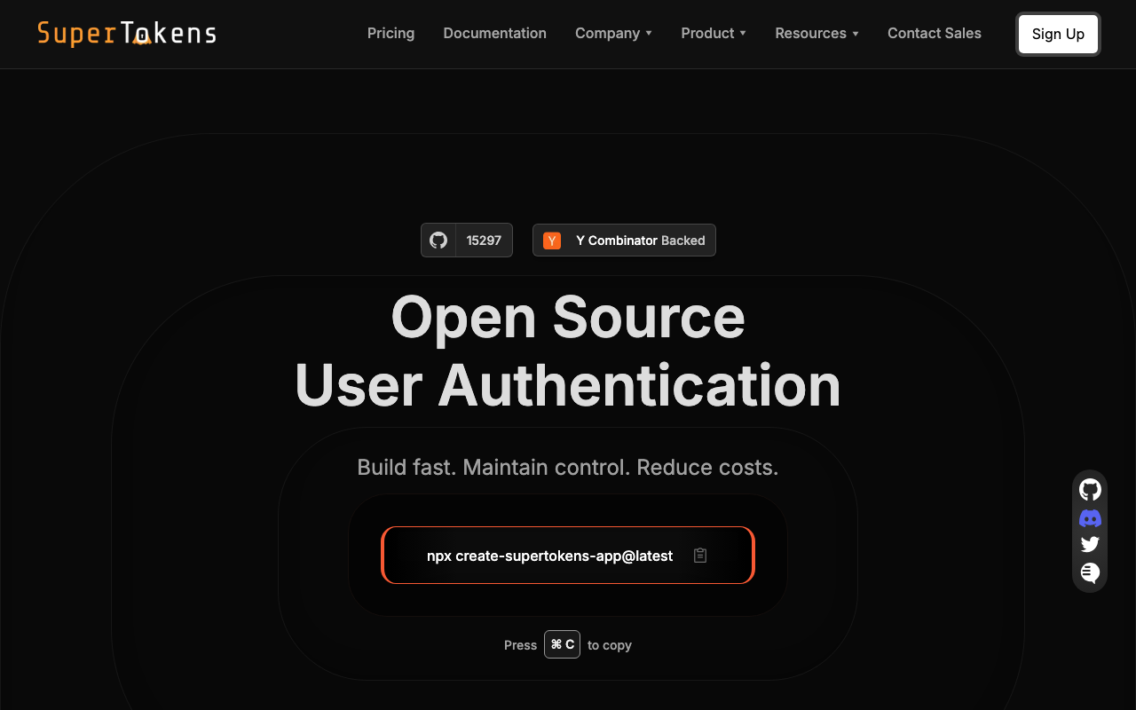 SuperTokens homepage